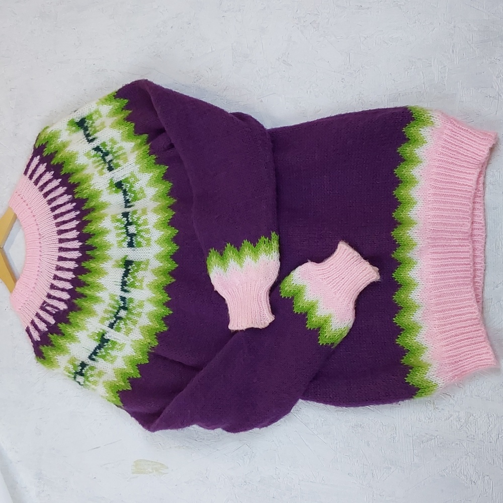 Gamboa Womens Purple and Green Fair Isle Hand Knit Alpaca Ski Lodge Sweater Sz.L